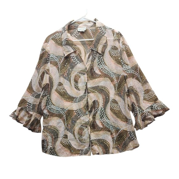 Sarah B Woman Blouse 2X Brown Beige Metallic Shimmer Ruffle Sleeve Button Front - Picture 1 of 11